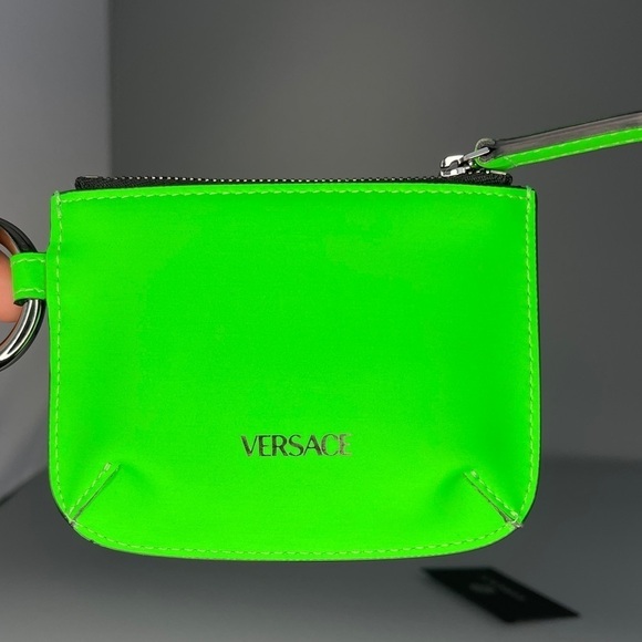 Versace Medusa Logo Neon Green Leather Keychain Pouch Wallet Unisex Bag Charm - Picture 8 of 9